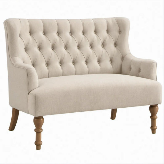 Divanetto 2 posti beige con schienale capitonné e gambe marroni, 140 x 76 x 105 cm