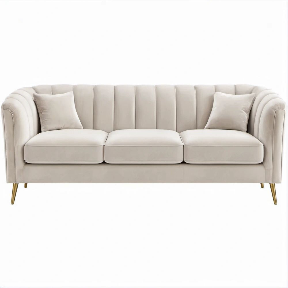 Divano lineare 3 posti in velluto avorio con gambe oro, 220 x 86 x 82 cm