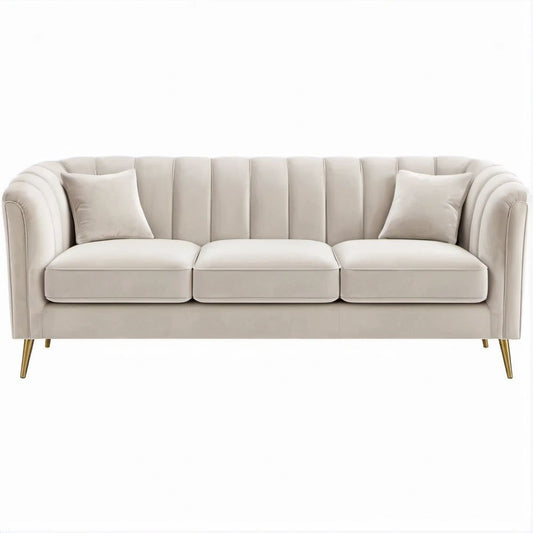 Divano lineare 3 posti in velluto avorio con gambe oro, 220 x 86 x 82 cm