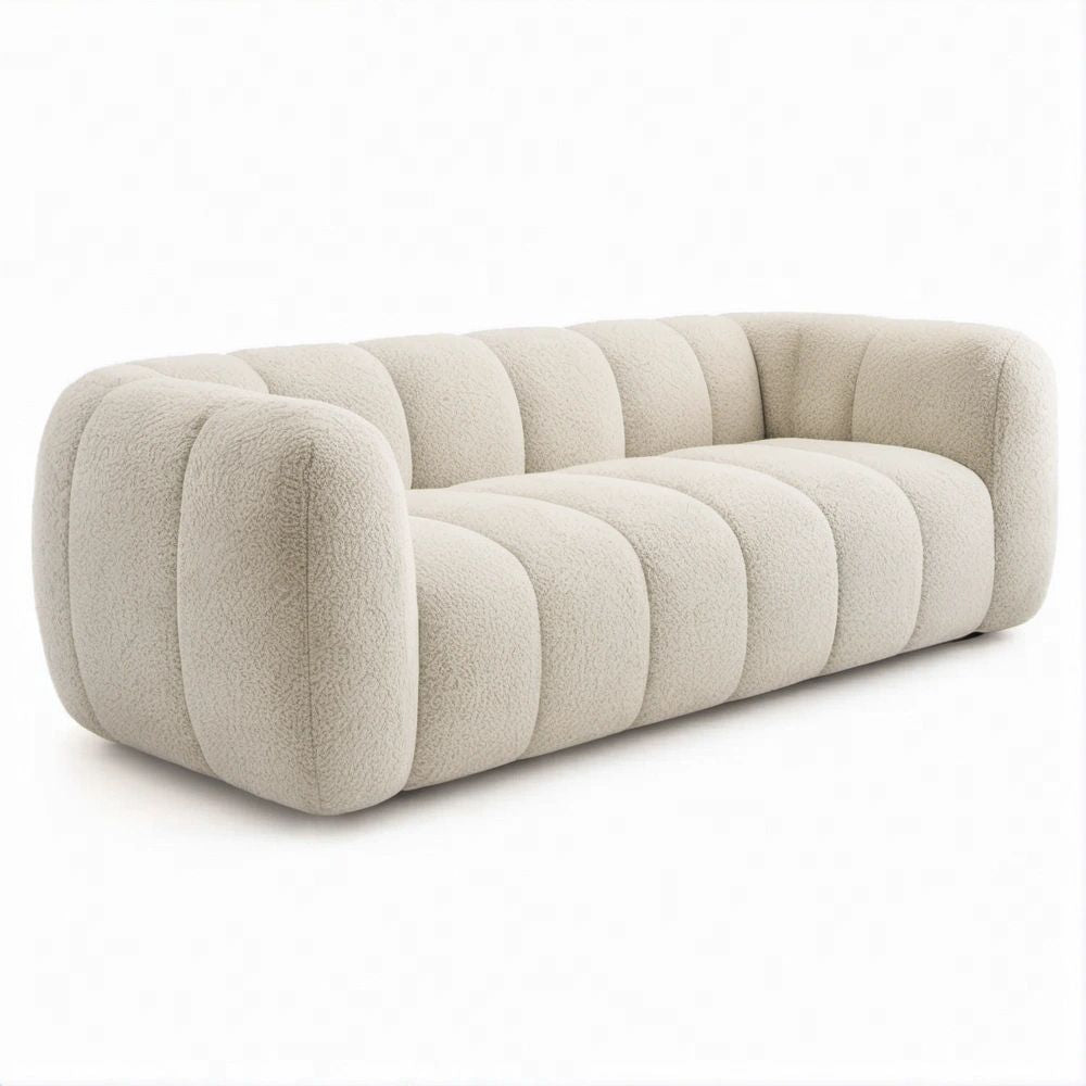Divano curvo 3 posti Beige Crema in bouclé di poliestere, 230 x 100 x 75 cm