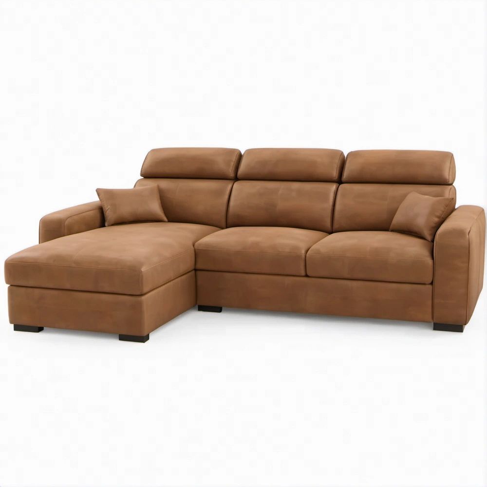 Divano angolare 3 posti con chaise longue sinistra in microfibra marrone cognac, 260 x 165 x 88 cm