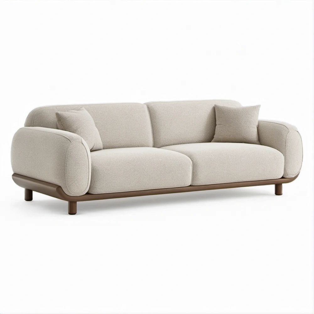 Divano curvo 3 posti beige con struttura in legno massello, 220 x 95 x 78 cm