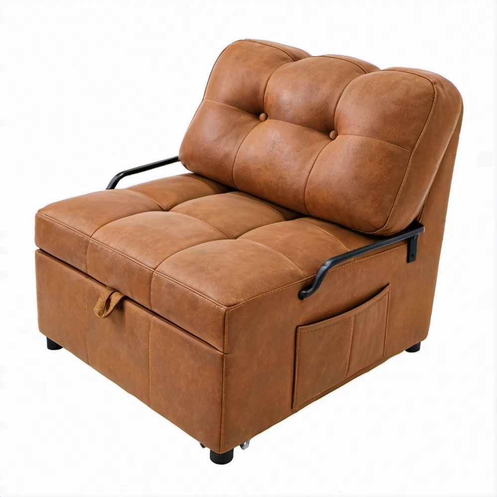 Poltrona Letto Singola Estraibile in Pelle Sintetica PU Marrone Cognac 90 x 92 x 86 cm