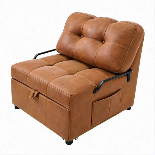 Poltrona Letto Singola Estraibile in Pelle Sintetica PU Marrone Cognac 90 x 92 x 86 cm