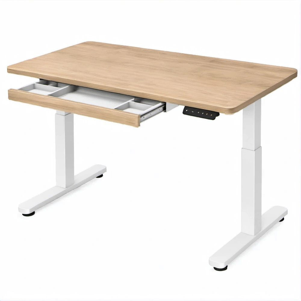 Scrivania elettrica regolabile in altezza 120 x 60 x 72-118 cm con cassetto, rovere chiaro e bianco