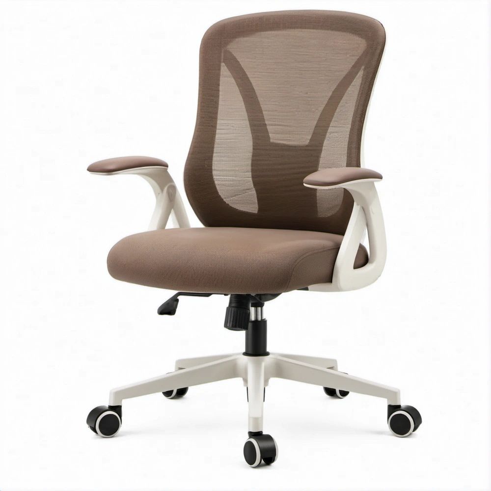 Sedia da ufficio ergonomica girevole marrone e bianca con schienale in rete, 64 x 64 x 112-122 cm