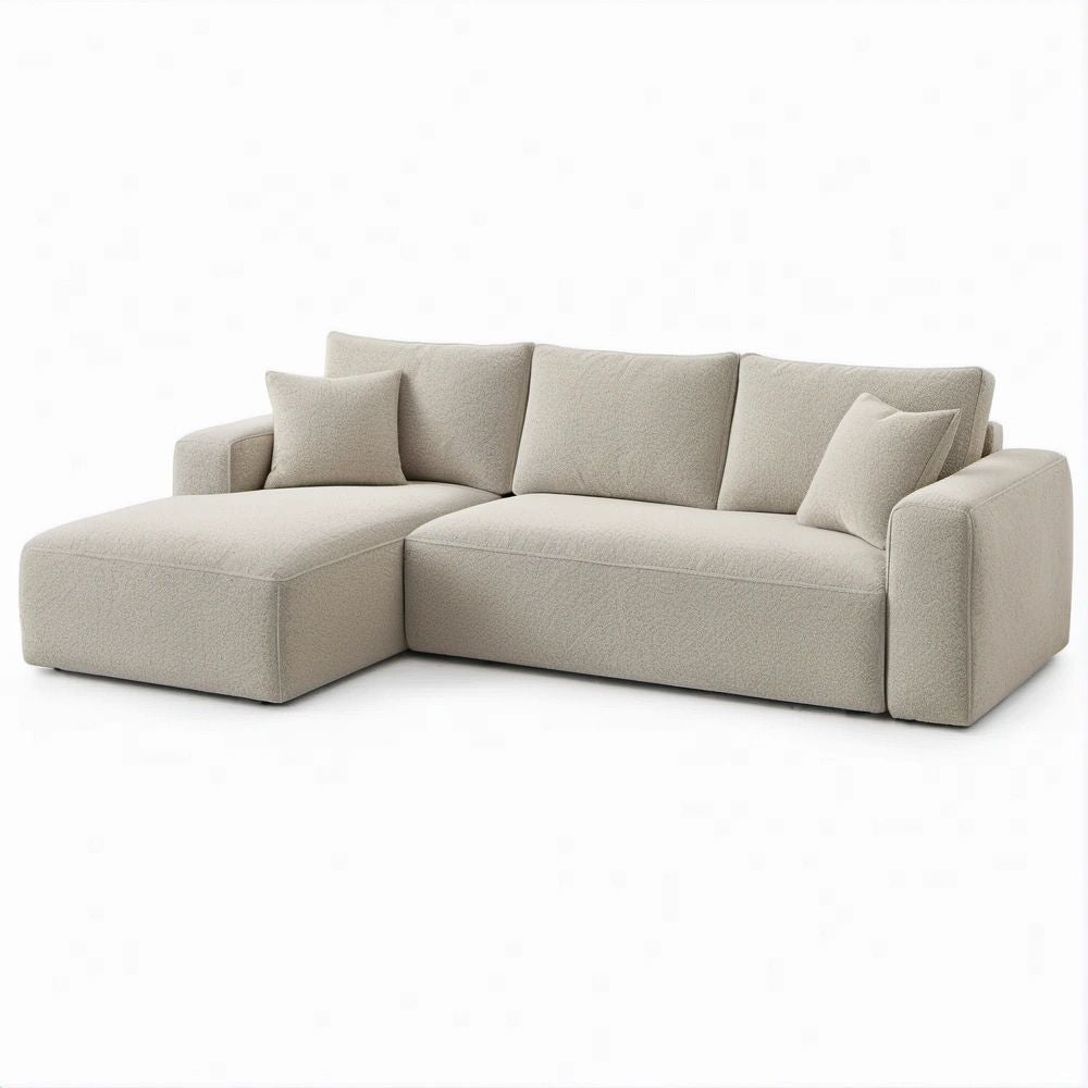 Divano angolare beige con chaise longue sinistra in bouclé, 250 x 160 x 85 cm