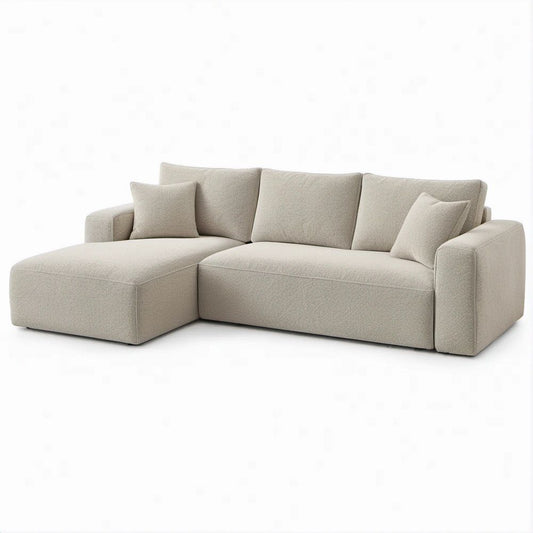 Divano angolare beige con chaise longue sinistra in bouclé, 250 x 160 x 85 cm