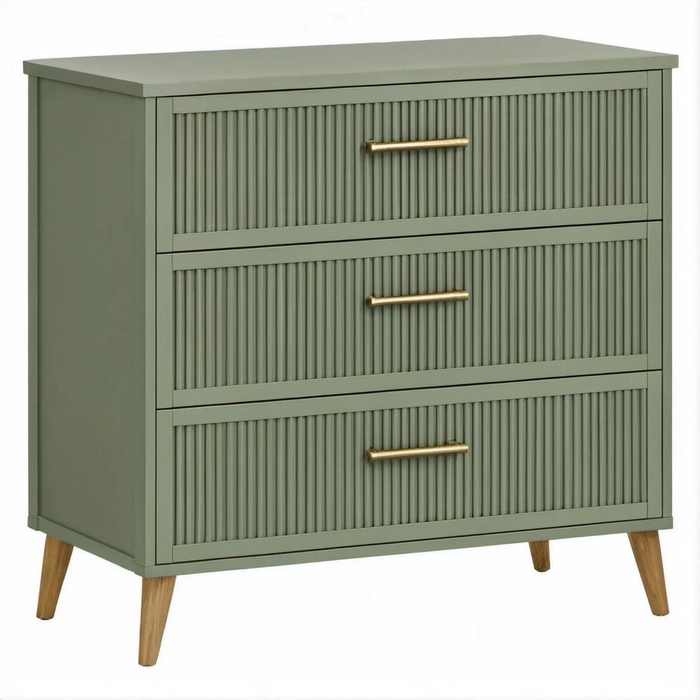 Cassettiera a 3 cassetti in MDF verde salvia con gambe in legno, 80 x 40 x 95 cm