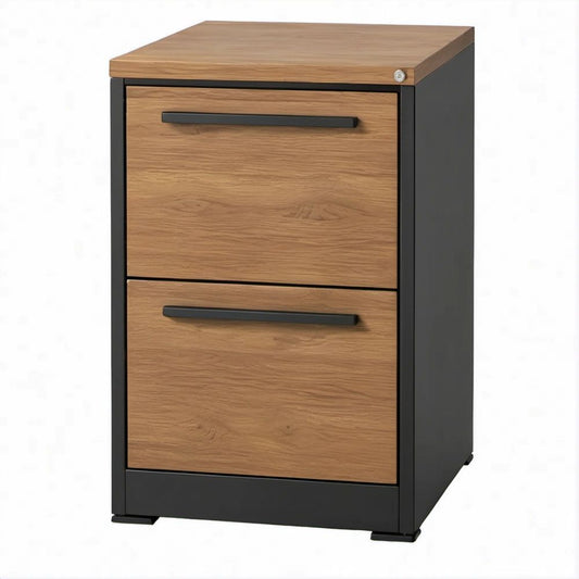 Cassettiera a 2 Cassetti Effetto Rovere Naturale e Nero in MDF e Acciaio, 40 x 50 x 70 cm