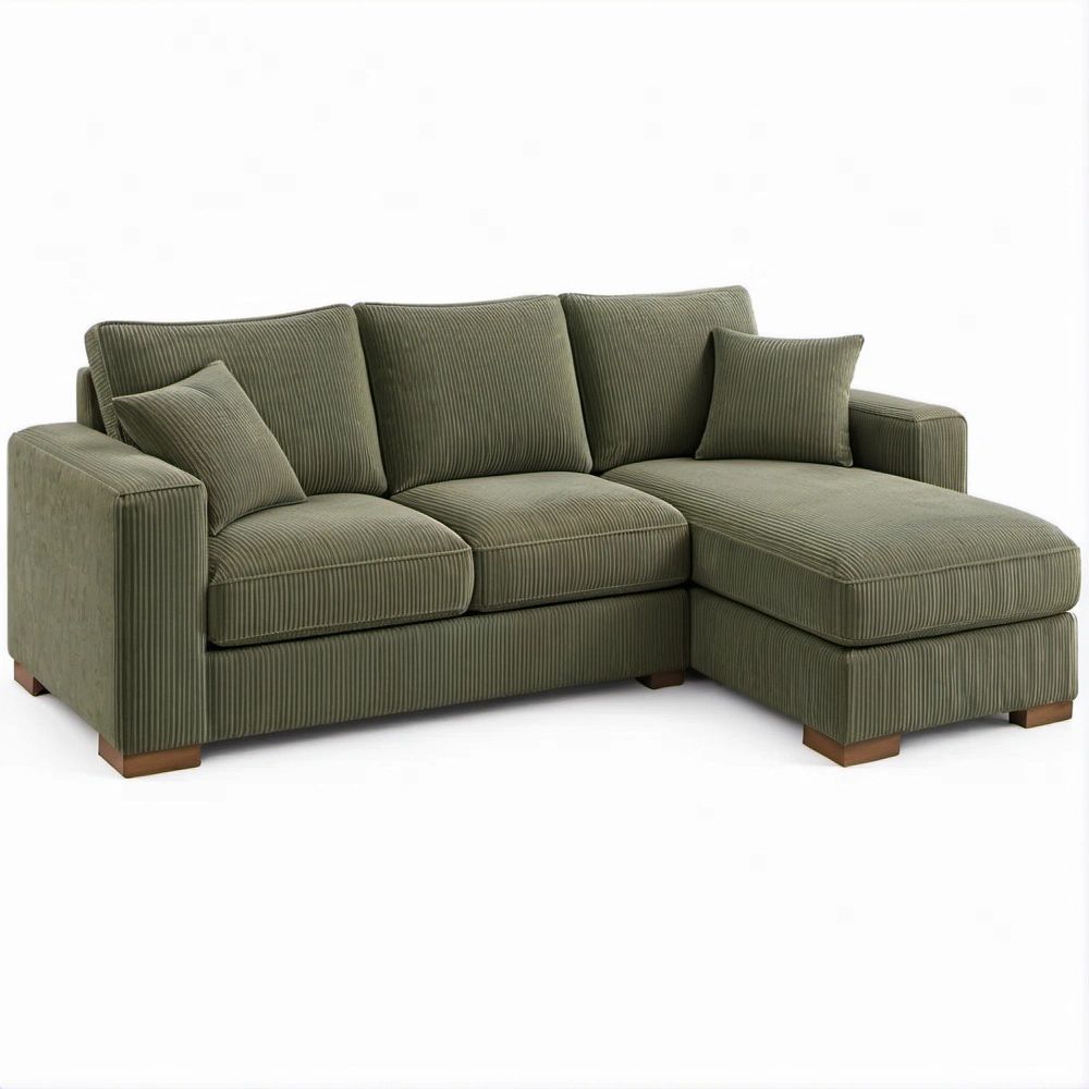 Divano angolare 3 posti con chaise longue destra in velluto a coste verde oliva, 230 x 150 x 85 cm