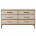 Cassettiera a 6 cassetti in rovere e rattan beige con maniglie color ottone, 152 x 45 x 85 cm