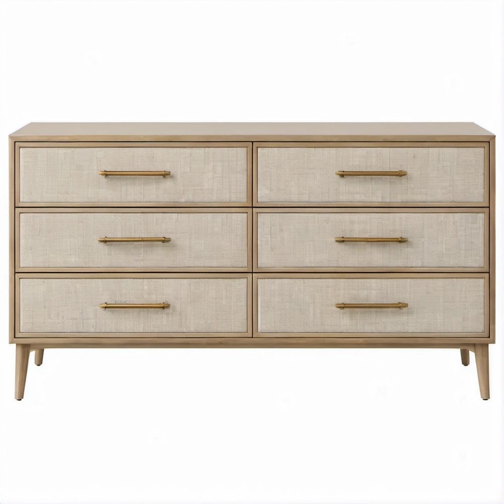 Cassettiera a 6 cassetti in rovere e rattan beige con maniglie color ottone, 152 x 45 x 85 cm